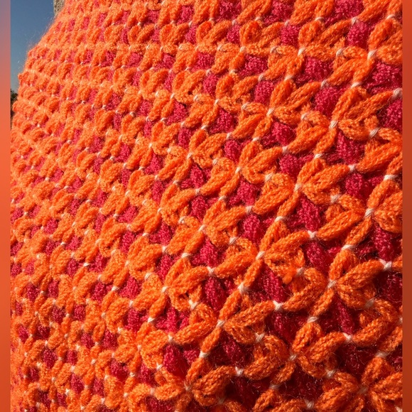 Handmade Crochet Fringe Poncho Orange Pink Boho Retro Fall Layering - Picture 2 of 8